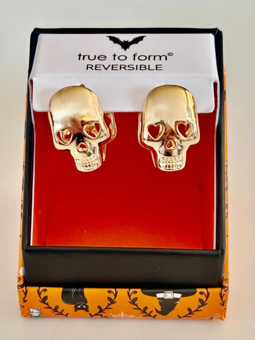 True to Form Reversible Skull Hinged Huggie Earrings Gold Tone Pave Rhinestones